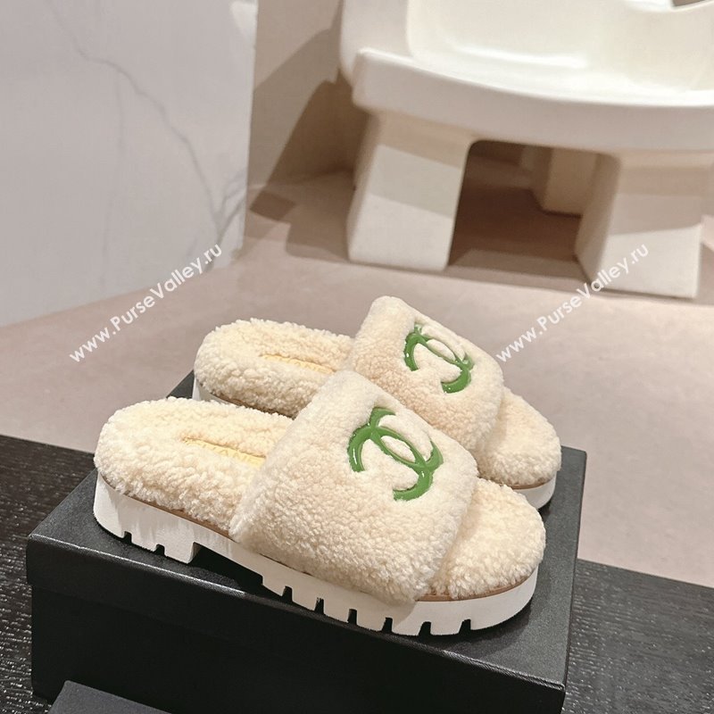 Chanel Wool Fur Platform Slides Sandal Beige 2024 CH090909 (MD-240909126)