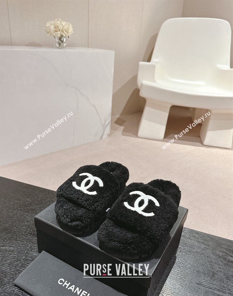 Chanel Wool Fur Platform Slides Sandal Black 2024 CH090909 (MD-240909127)