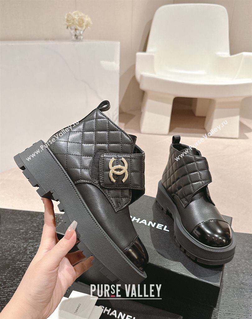 Chanel Quilted Calfskin Patent Lace-up Platform Ankle Boots Black 2024 CH090802 (MD-240909043)