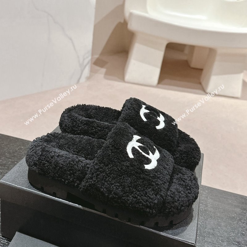 Chanel Wool Fur Platform Slides Sandal Black 2024 CH090909 (MD-240909127)