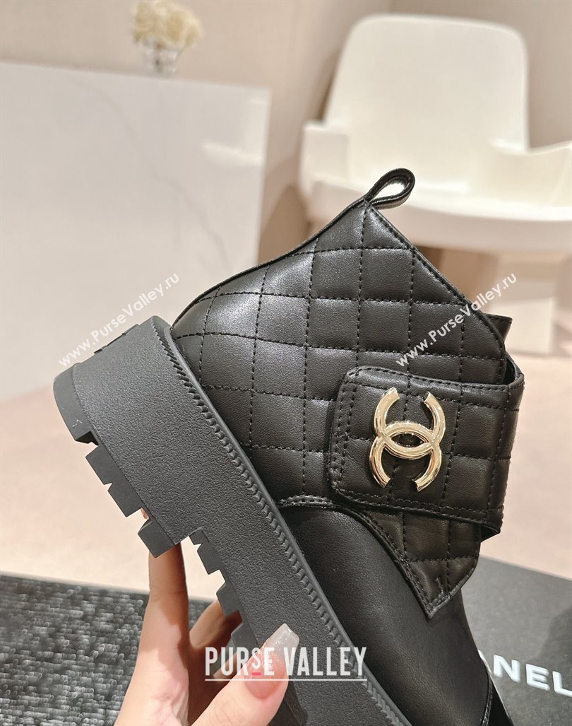 Chanel Quilted Calfskin Patent Lace-up Platform Ankle Boots Black 2024 CH090802 (MD-240909043)