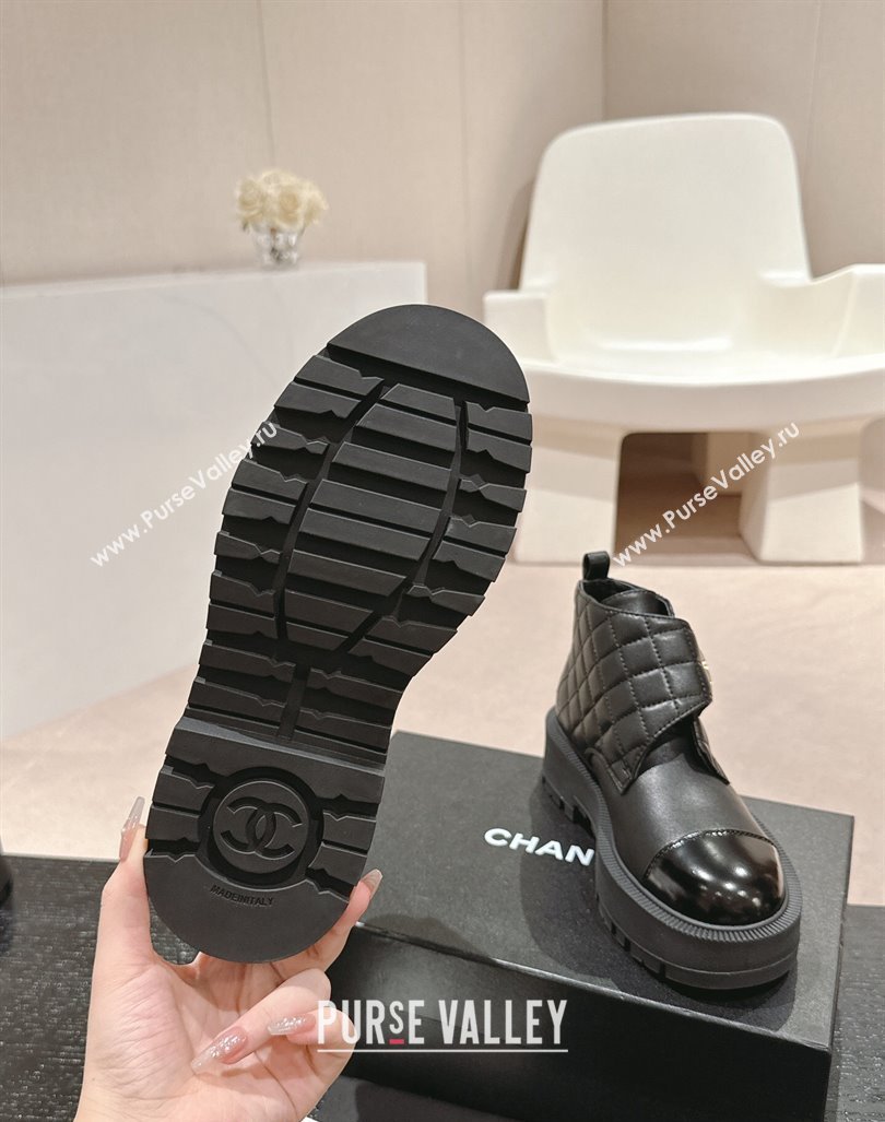 Chanel Quilted Calfskin Patent Lace-up Platform Ankle Boots Black 2024 CH090802 (MD-240909043)