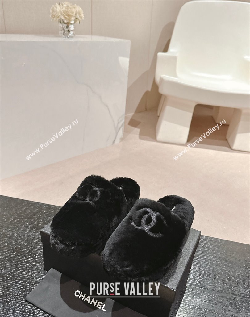 Chanel Wool Fur Flat Mules Black 2024 CH091002 (MD-240910007)