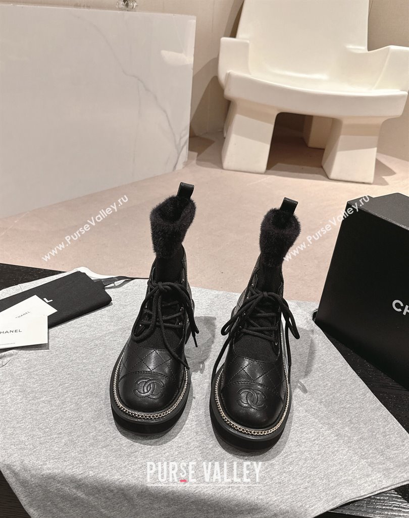 Chanel Quilted Calfskin Knit Lace-up Ankle Boots with Logo Stud Black Upper 2024 CH090904 (MD-240909049)