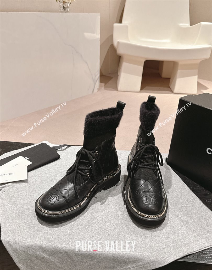 Chanel Quilted Calfskin Knit Lace-up Ankle Boots with Logo Stud Black Upper 2024 CH090904 (MD-240909049)