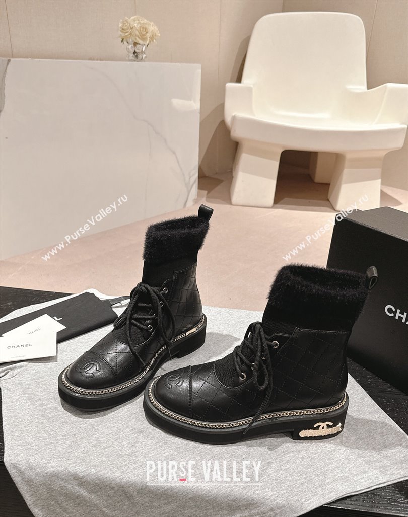 Chanel Quilted Calfskin Knit Lace-up Ankle Boots with Logo Stud Black Upper 2024 CH090904 (MD-240909049)