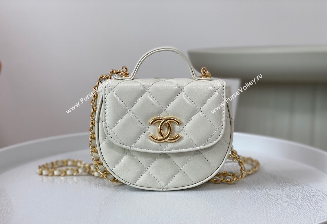 Chanel Shiny Calfskin Mini Saddle Flap bag with Top Handle White 2024 A96011 (SM-240926043)