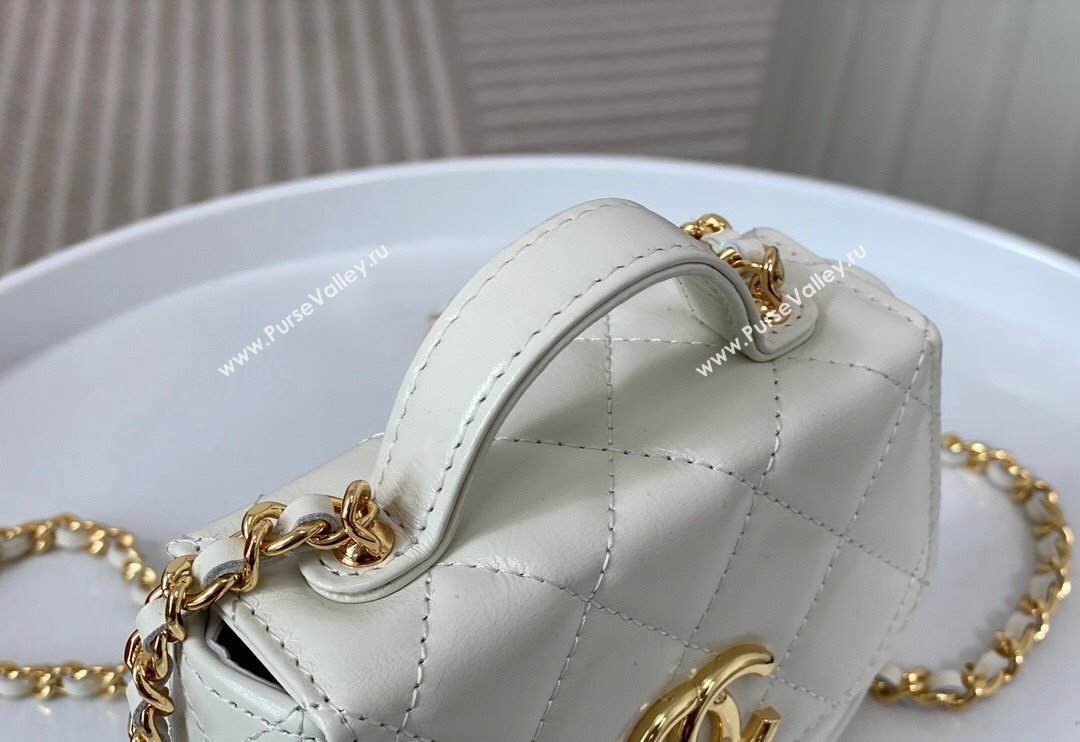 Chanel Shiny Calfskin Mini Saddle Flap bag with Top Handle White 2024 A96011 (SM-240926043)