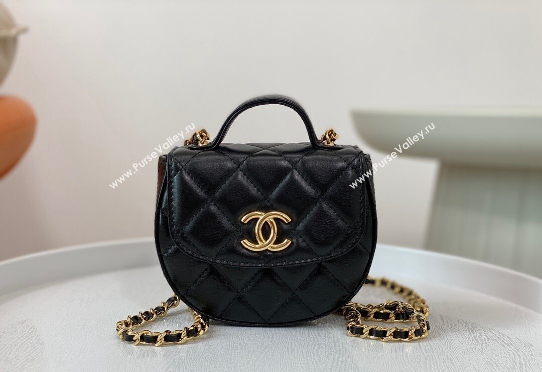 Chanel Shiny Calfskin Mini Saddle Flap bag with Top Handle Black 2024 A96011 (SM-240926044)