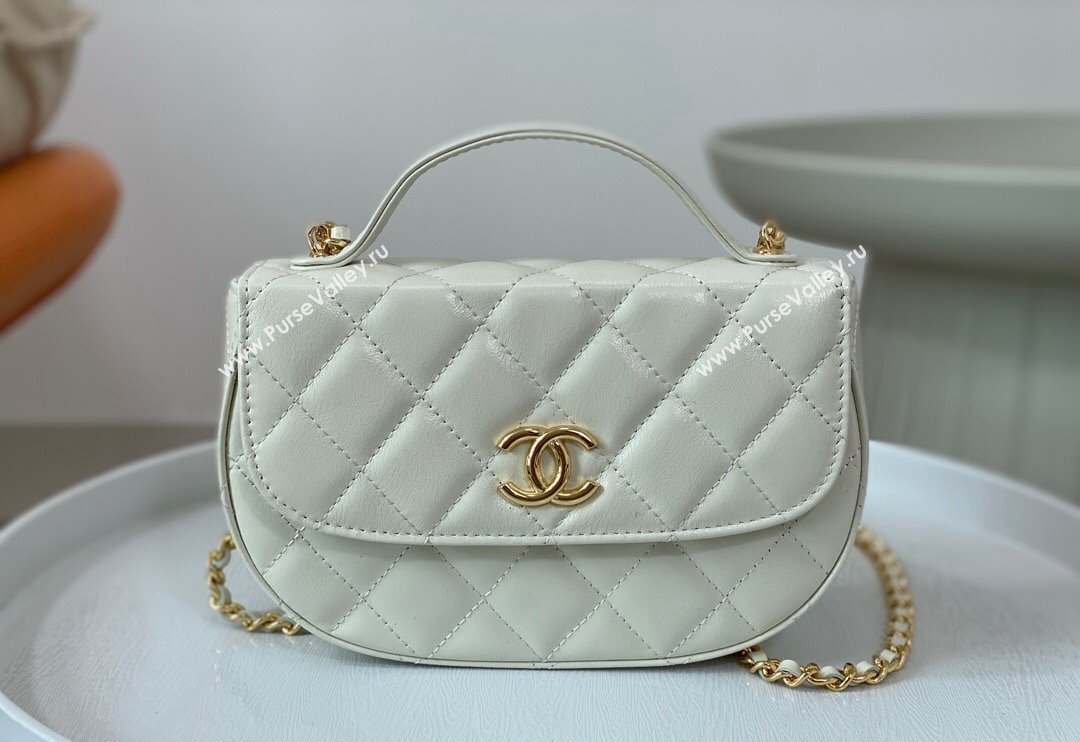 Chanel Shiny Calfskin Small Saddle Flap bag with Top Handle White 2024 A96012 (SM-240926045)