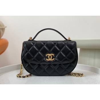 Chanel Shiny Calfskin Small Saddle Flap bag with Top Handle Black 2024 A96012 (SM-240926046)