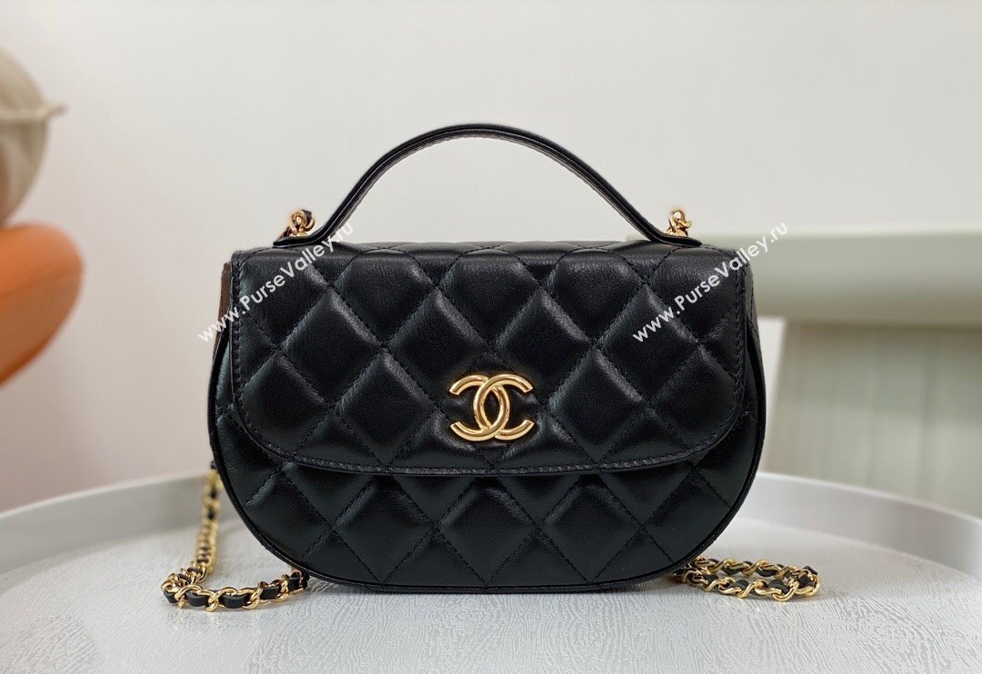 Chanel Shiny Calfskin Small Saddle Flap bag with Top Handle Black 2024 A96012 (SM-240926046)