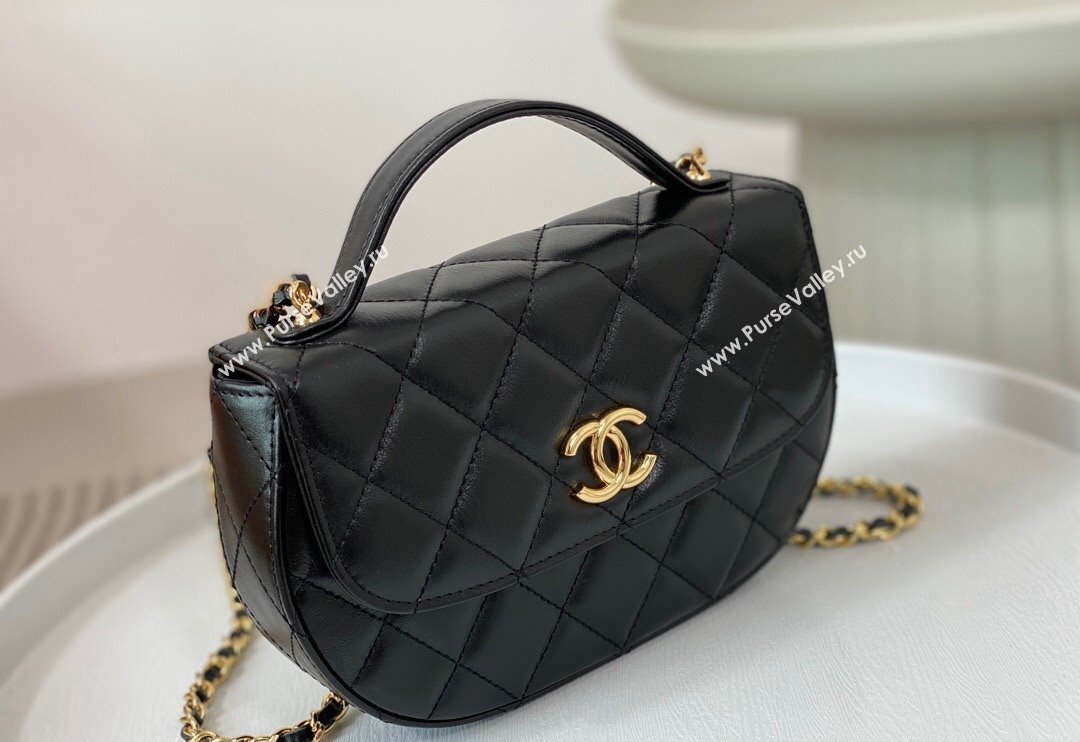 Chanel Shiny Calfskin Small Saddle Flap bag with Top Handle Black 2024 A96012 (SM-240926046)