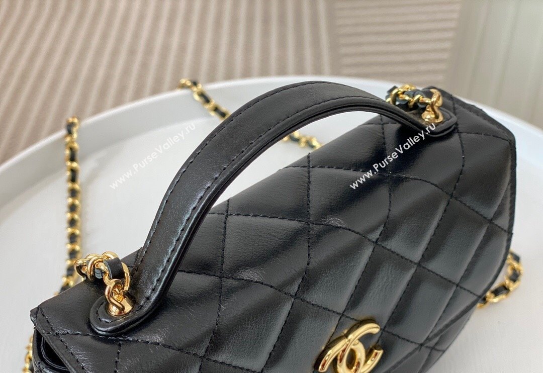 Chanel Shiny Calfskin Small Saddle Flap bag with Top Handle Black 2024 A96012 (SM-240926046)