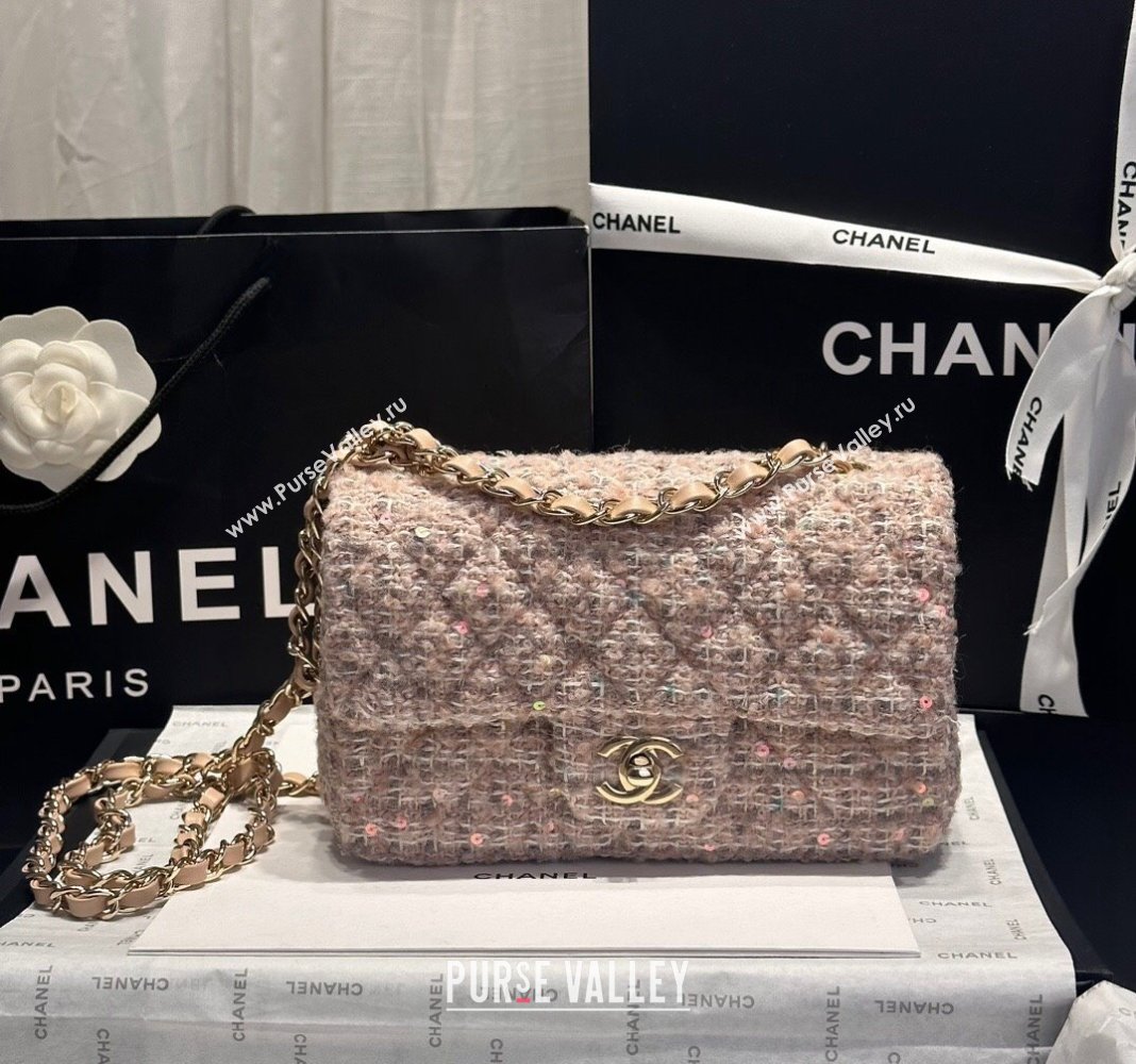 Chanel Classic Tweed Sequins Mini Flap Bag A69900 Nude Pink 2024 (yezi-240926086)