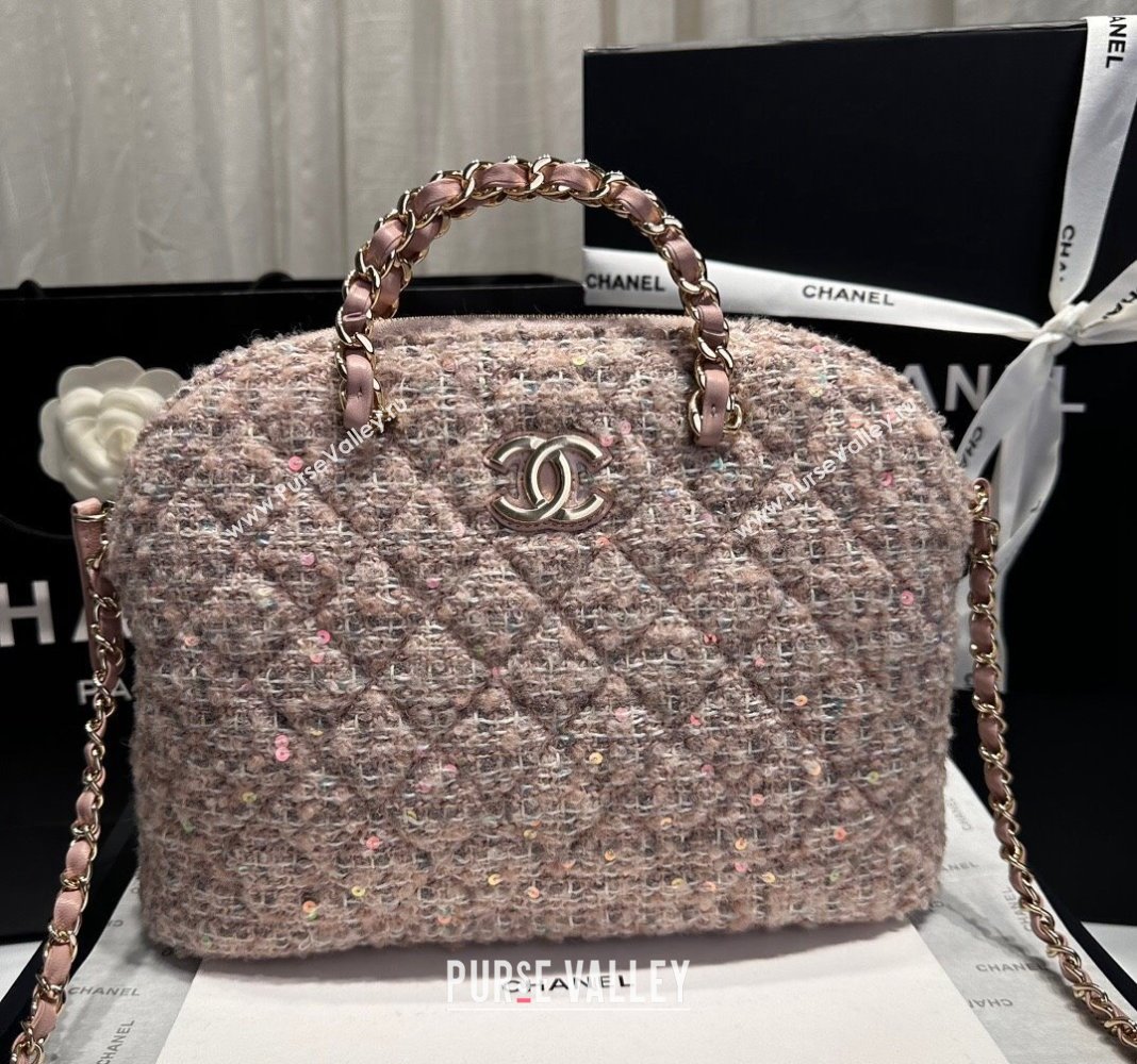 Chanel Tweed Sequins Small Shopping Bag Nude Pink 2024 AS3969 (yezi-240926101)