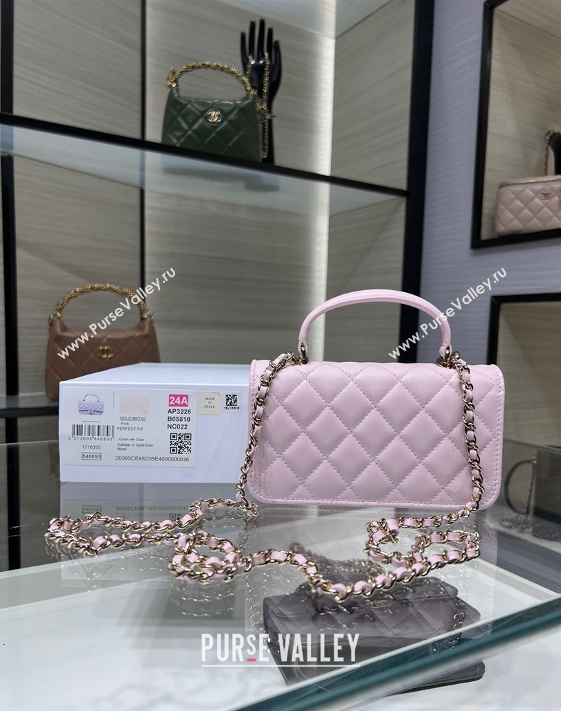 Chanel Lambskin Leather Flap Phone Holder with Chain AP3226 Light Pink 2024 (yezi-240926097)