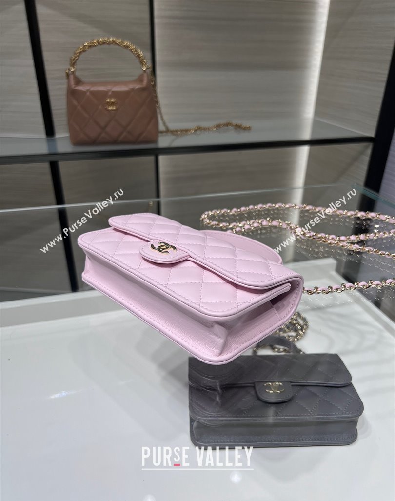 Chanel Lambskin Leather Flap Phone Holder with Chain AP3226 Light Pink 2024 (yezi-240926097)