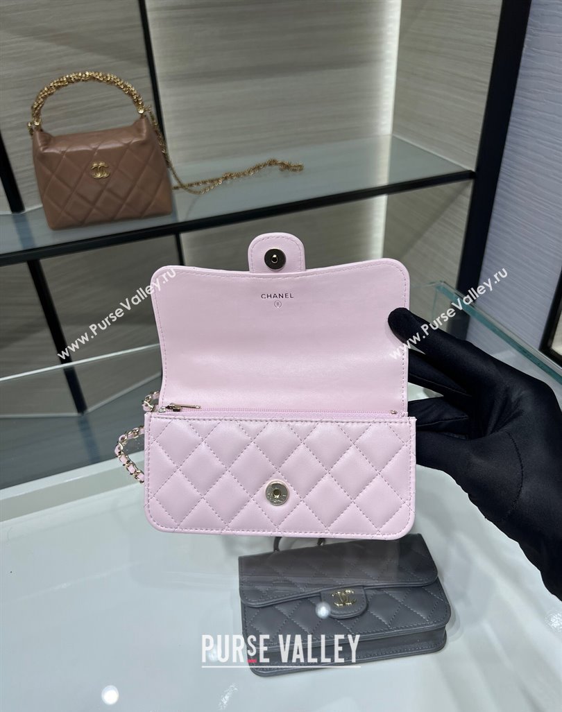 Chanel Lambskin Leather Flap Phone Holder with Chain AP3226 Light Pink 2024 (yezi-240926097)