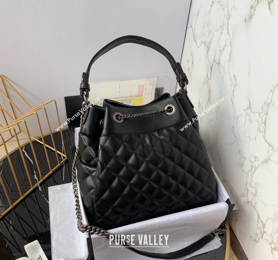 Chanel Quilted Calfskin Bucket Bag Black 2024 A91277 (yezi-240927007)