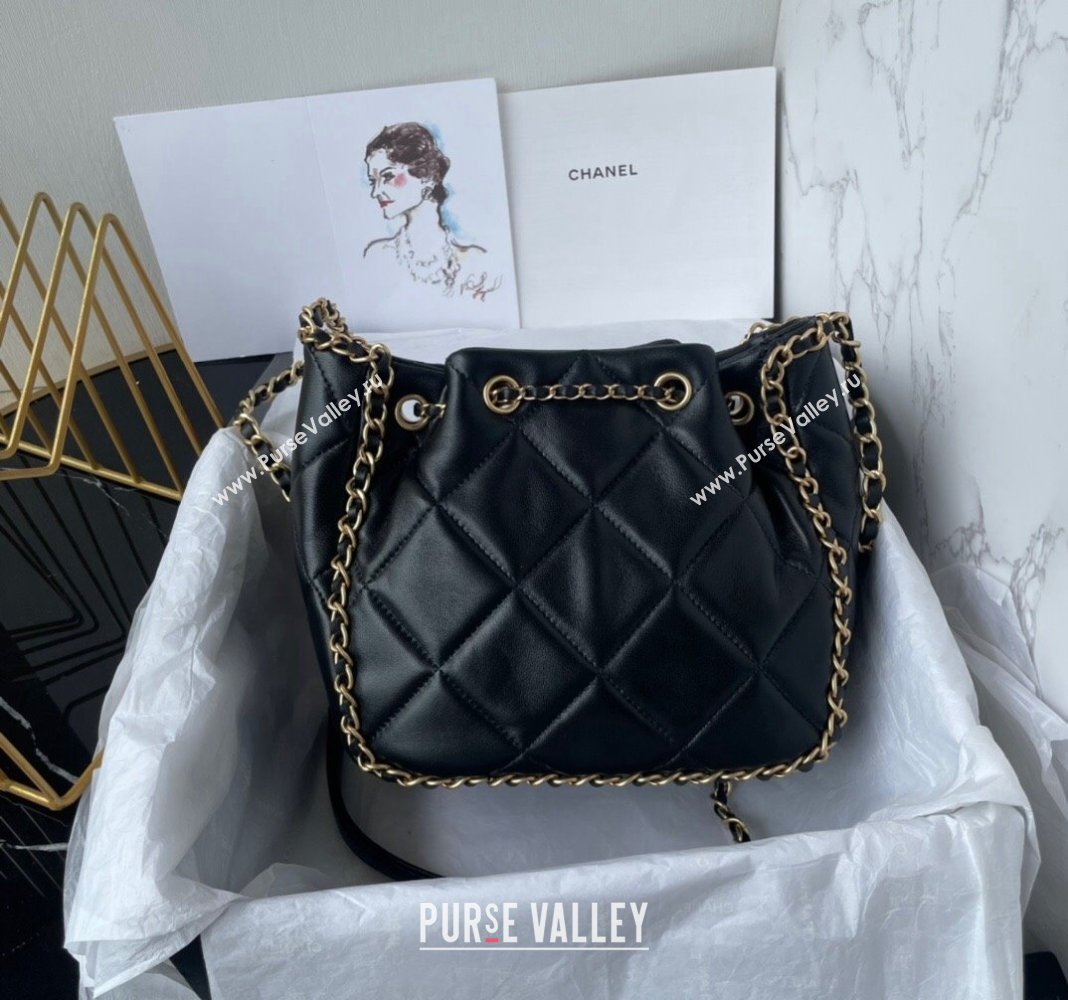 Chanel Quilted Lambskin Small Bucket Bag with Chain Black 2024 AS5094 (yezi-240927008)