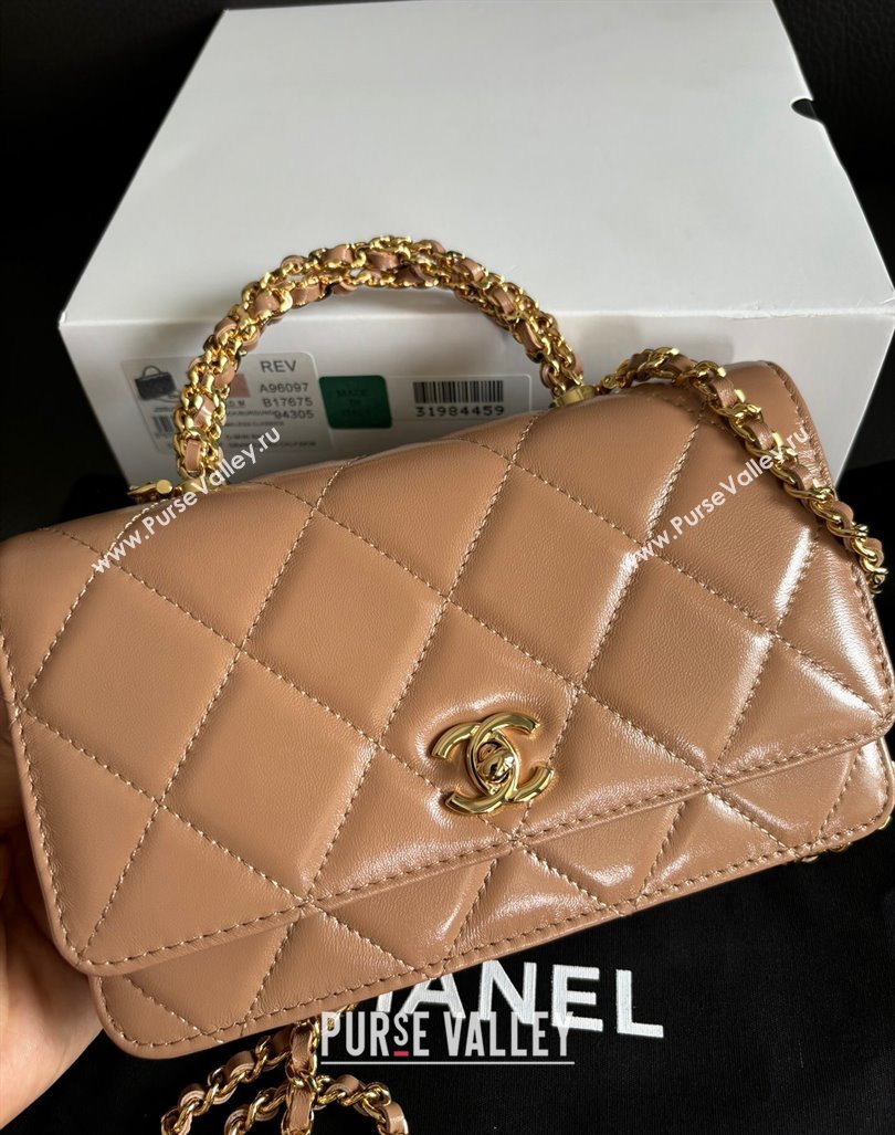 Chanel Lambskin Wallet on Chain WOC with Top Handle AP4166 Dark Beige 2024 (yezi-240927018)