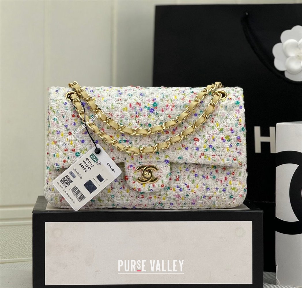 Chanel Classic Hounstooth Tweed Medium Flap Bag A01112 White/Multicolor 2024 (yezi-240926091)