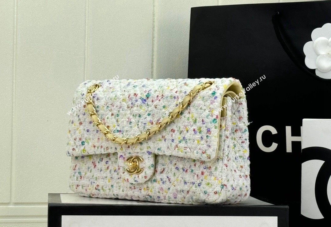 Chanel Classic Hounstooth Tweed Medium Flap Bag A01112 White/Multicolor 2024 (yezi-240926091)