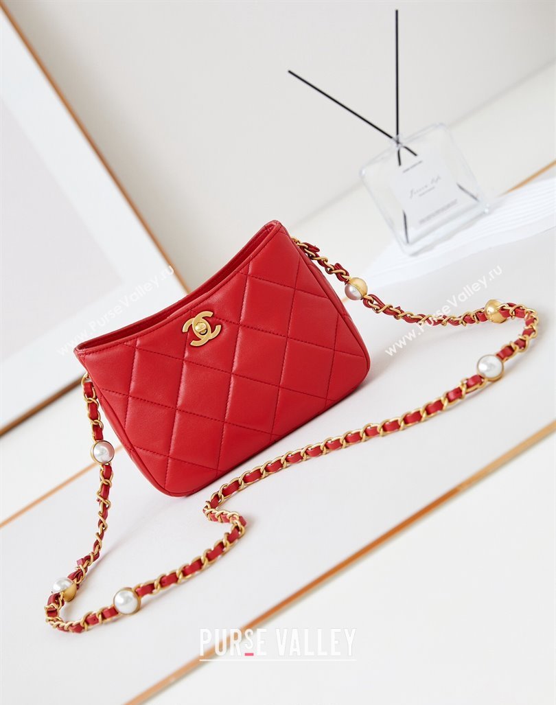 Chanel Calfskin Crossbody Mini bag with Metal-Tone and Pearls Red 2024 AS4949 (yezi-240927030)