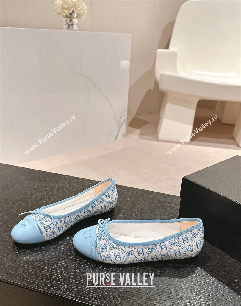 Chanel Classic Embroidered Canvas Calfskin Ballet Flat with Bow Light Blue 2024 CH101703 (MD-241017019)