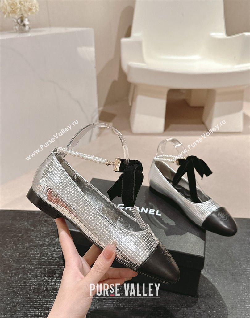 Chanel Embossed Calfskin Ballet Flat with Pearls Laces Silver 2024 CH101704 (MD-241017021)