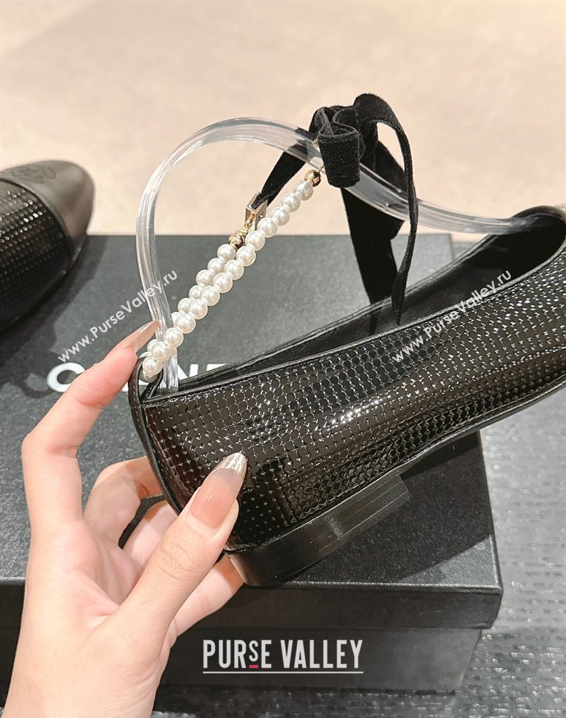 Chanel Embossed Calfskin Ballet Flat with Pearls Laces Black 2024 CH101704 (MD-241017022)