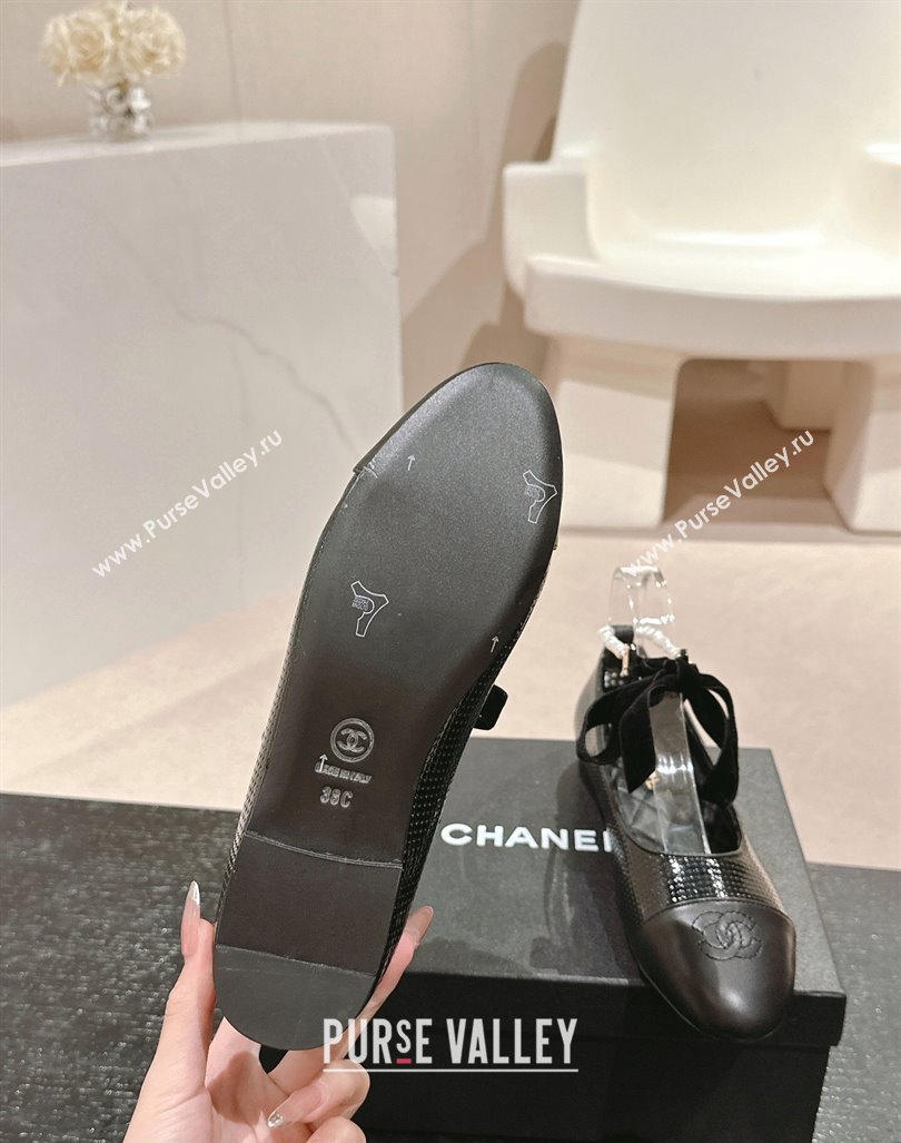 Chanel Embossed Calfskin Ballet Flat with Pearls Laces Black 2024 CH101704 (MD-241017022)