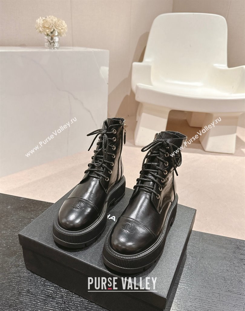 Chanel Shiny Calfskin Lace-up Platform Ankle Boots 5cm with Side CC Black 2024 CH090905 (MD-241015112)