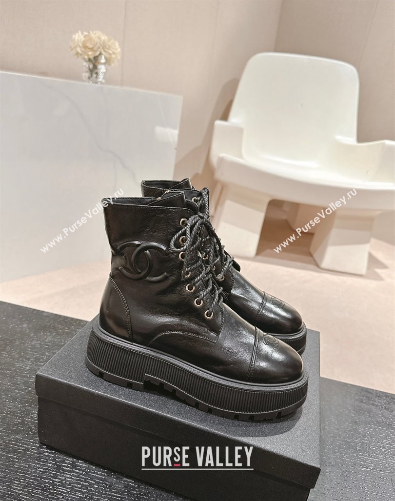 Chanel Shiny Calfskin Lace-up Platform Ankle Boots 5cm with Side CC Black 2024 CH090905 (MD-241015112)