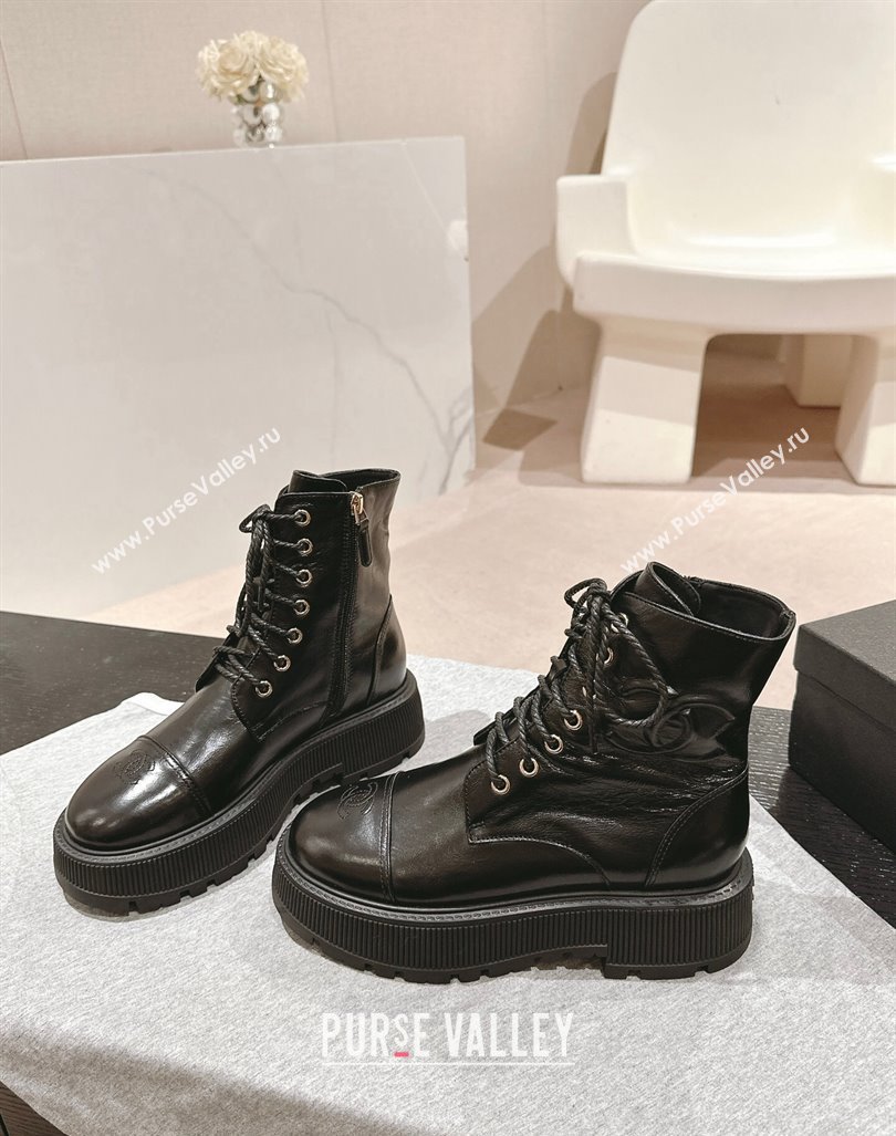 Chanel Shiny Calfskin Lace-up Platform Ankle Boots 5cm with Side CC Black 2024 CH090905 (MD-241015112)