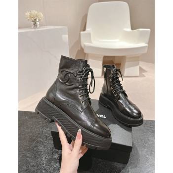 Chanel Shiny Calfskin Lace-up Platform Ankle Boots 5cm with Side CC Black 2024 CH090905 (MD-241015112)