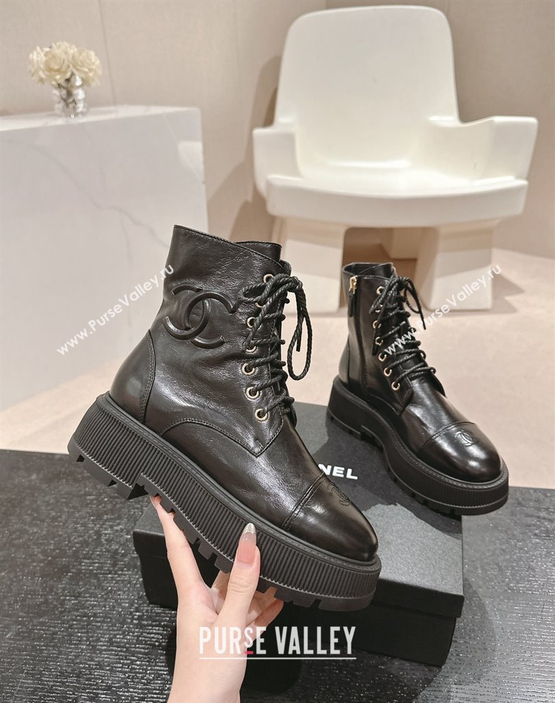 Chanel Shiny Calfskin Lace-up Platform Ankle Boots 5cm with Side CC Black 2024 CH090905 (MD-241015112)