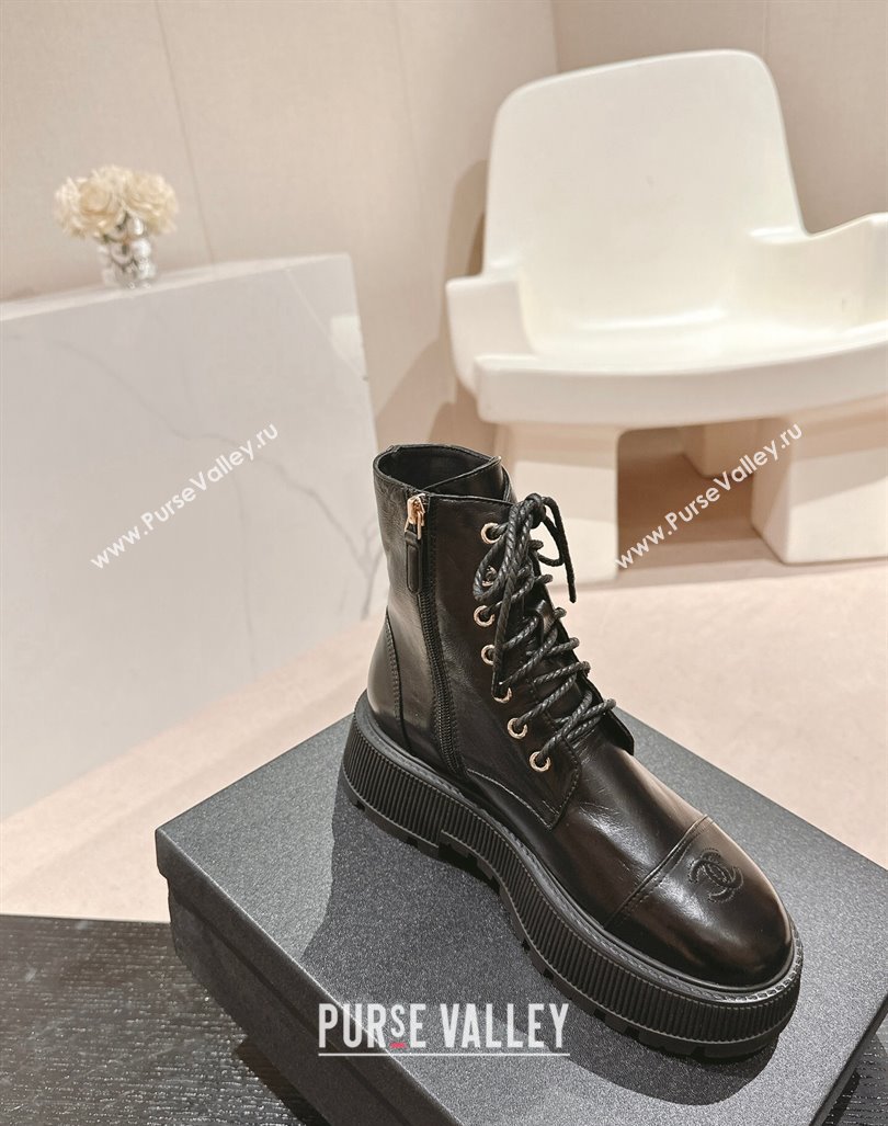 Chanel Shiny Calfskin Lace-up Platform Ankle Boots 5cm with Side CC Black 2024 CH090905 (MD-241015112)