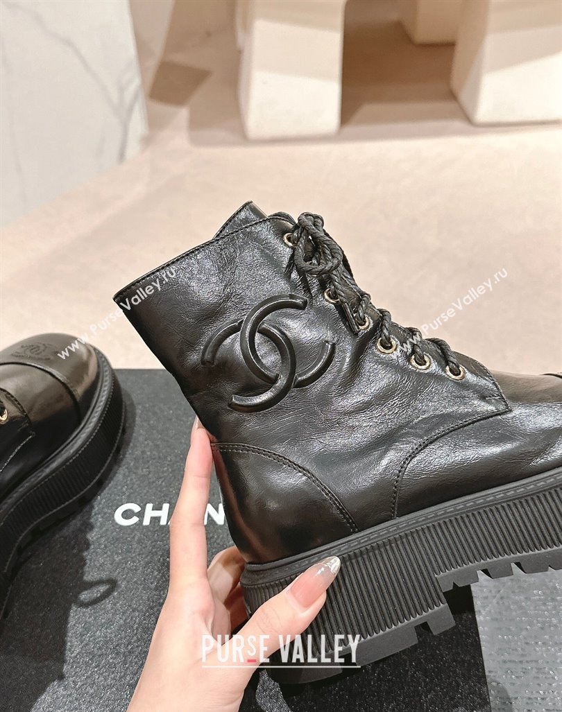 Chanel Shiny Calfskin Lace-up Platform Ankle Boots 5cm with Side CC Black 2024 CH090905 (MD-241015112)