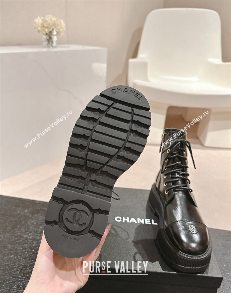 Chanel Shiny Calfskin Lace-up Platform Ankle Boots 5cm with Side CC Black 2024 CH090905 (MD-241015112)