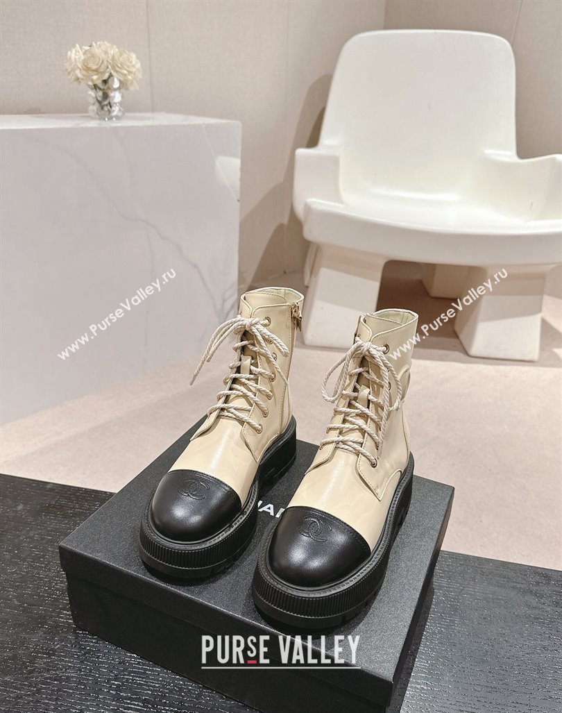 Chanel Shiny Calfskin Lace-up Platform Ankle Boots 5cm with Side CC Light Beige 2024 CH090905 (MD-241015113)