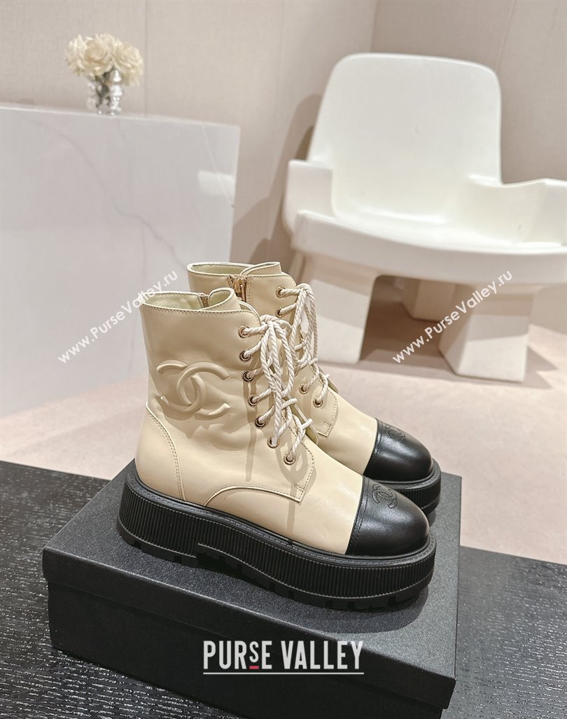 Chanel Shiny Calfskin Lace-up Platform Ankle Boots 5cm with Side CC Light Beige 2024 CH090905 (MD-241015113)