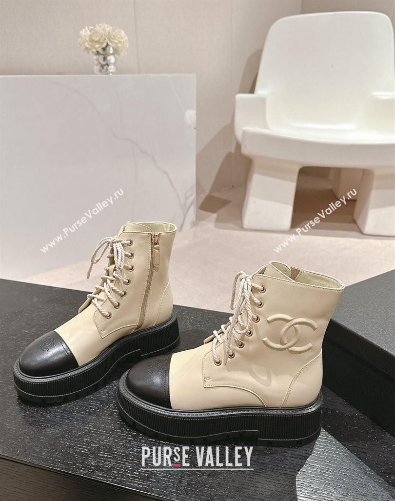 Chanel Shiny Calfskin Lace-up Platform Ankle Boots 5cm with Side CC Light Beige 2024 CH090905 (MD-241015113)