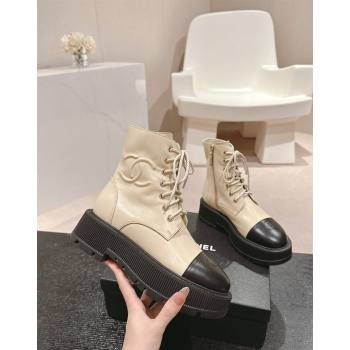 Chanel Shiny Calfskin Lace-up Platform Ankle Boots 5cm with Side CC Light Beige 2024 CH090905 (MD-241015113)