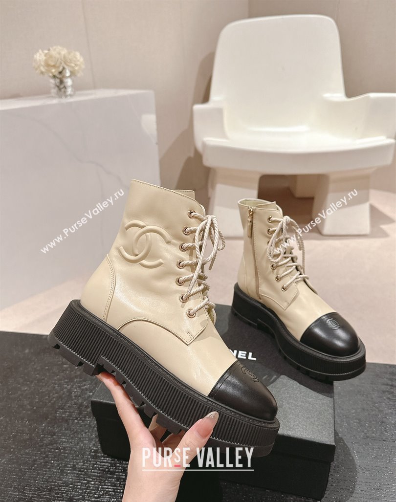 Chanel Shiny Calfskin Lace-up Platform Ankle Boots 5cm with Side CC Light Beige 2024 CH090905 (MD-241015113)