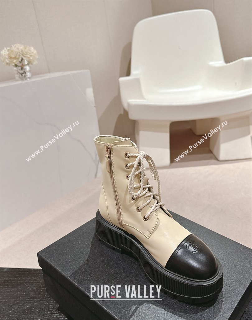 Chanel Shiny Calfskin Lace-up Platform Ankle Boots 5cm with Side CC Light Beige 2024 CH090905 (MD-241015113)