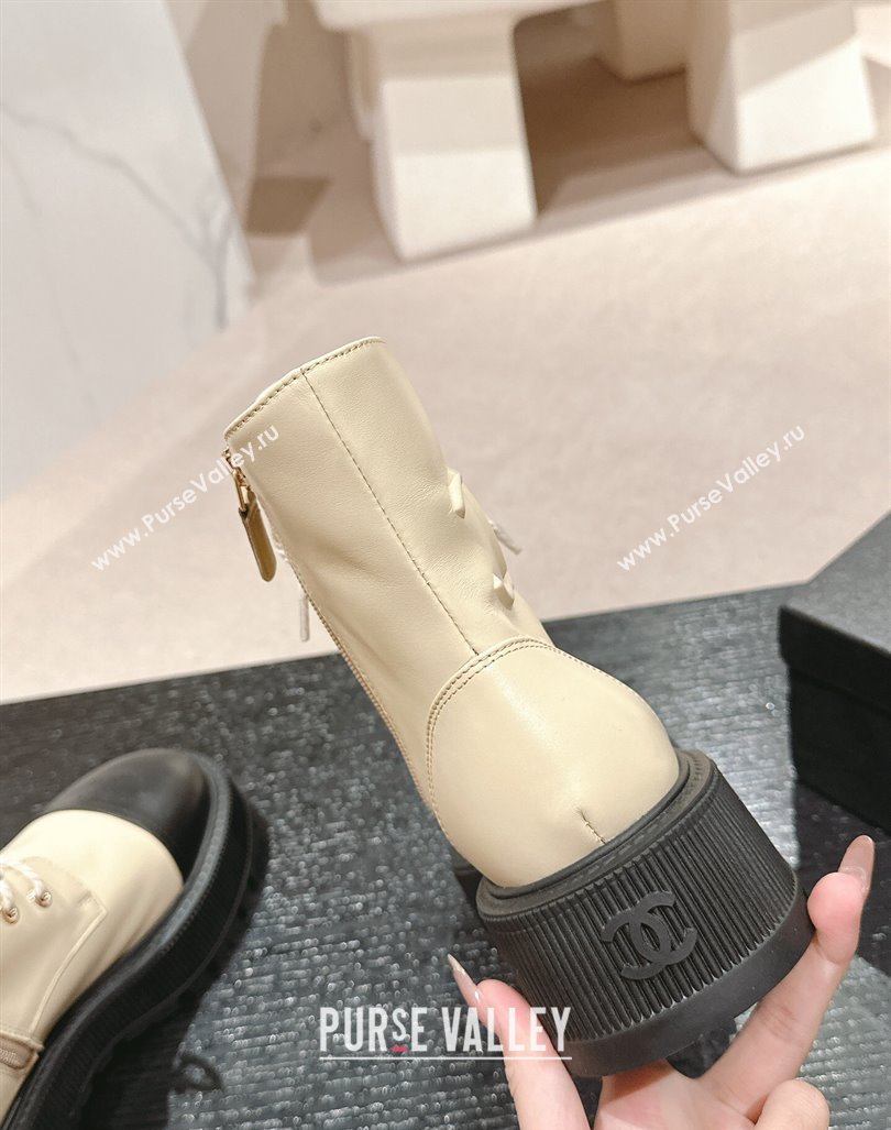 Chanel Shiny Calfskin Lace-up Platform Ankle Boots 5cm with Side CC Light Beige 2024 CH090905 (MD-241015113)