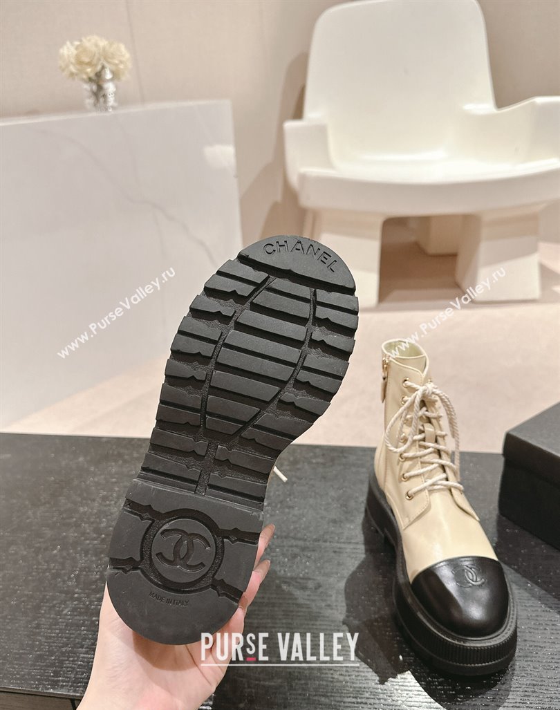 Chanel Shiny Calfskin Lace-up Platform Ankle Boots 5cm with Side CC Light Beige 2024 CH090905 (MD-241015113)