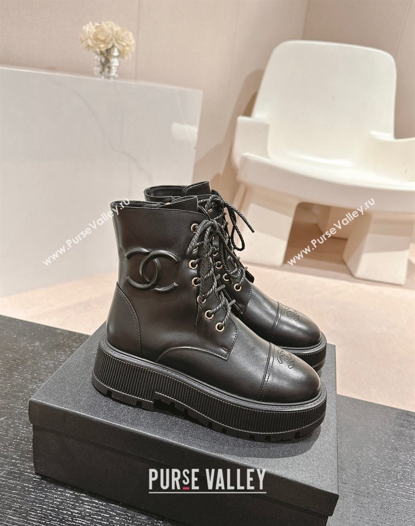 Chanel Calfskin Leather Lace-up Platform Ankle Boots 5cm with Side CC Black 2024 CH090905 (MD-241015114)